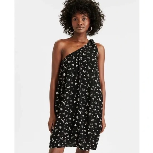 American Eagle Black Floral Viscose One Shoulder Pocket Dress Size XSmall - Picture 1 of 3